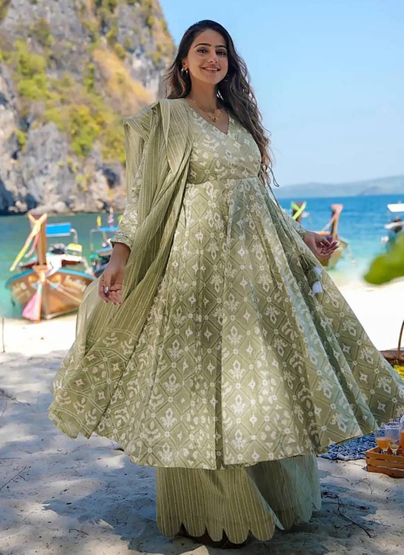Floral printed muslin v neck anarkali set for women