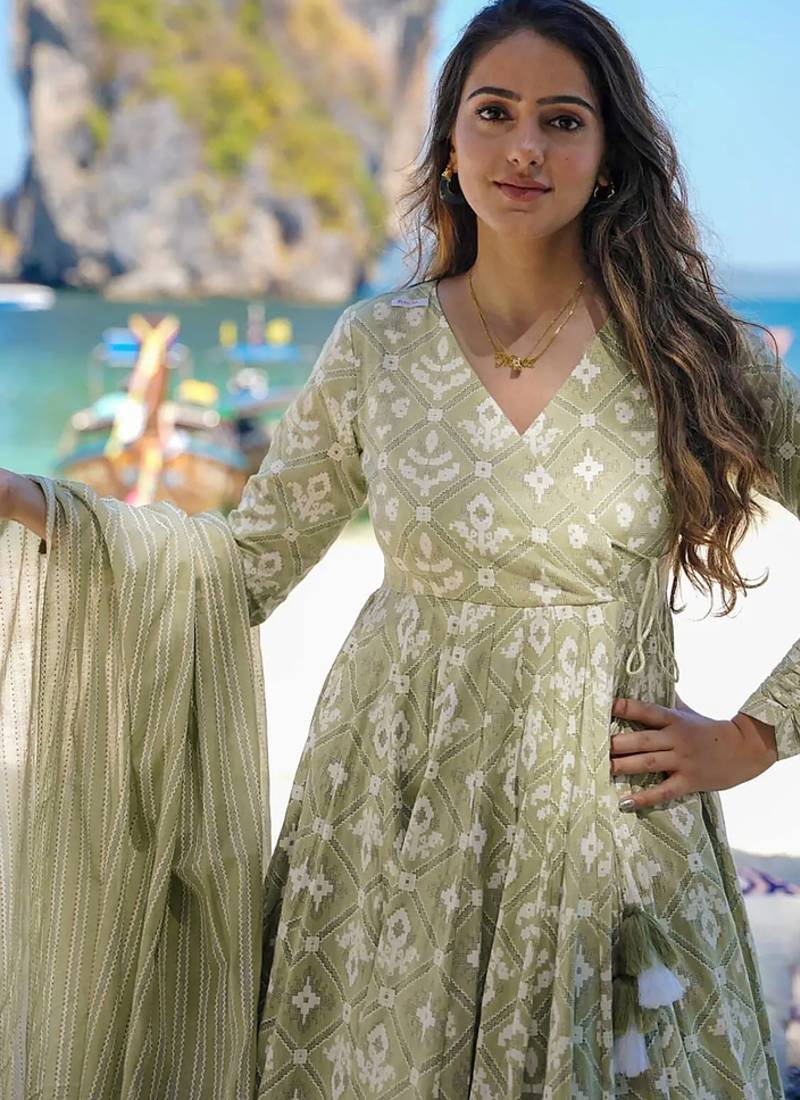 Floral printed muslin v neck anarkali set for women