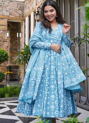 Floral printed muslin v neck anarkali set for women 1