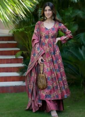 Floral printed muslin v neck anarkali set for women 1