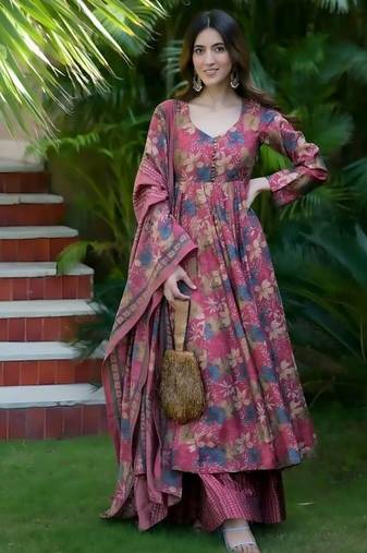 Floral printed muslin v neck anarkali set for women