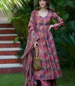 Floral printed muslin v neck anarkali set for women