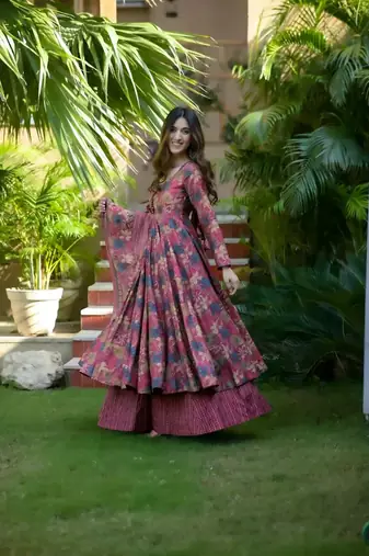 Floral printed muslin v neck anarkali set for women