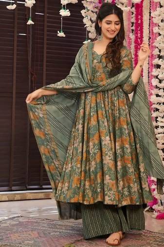 Floral printed muslin v neck anarkali set for women