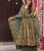 Floral printed muslin v neck anarkali set for women