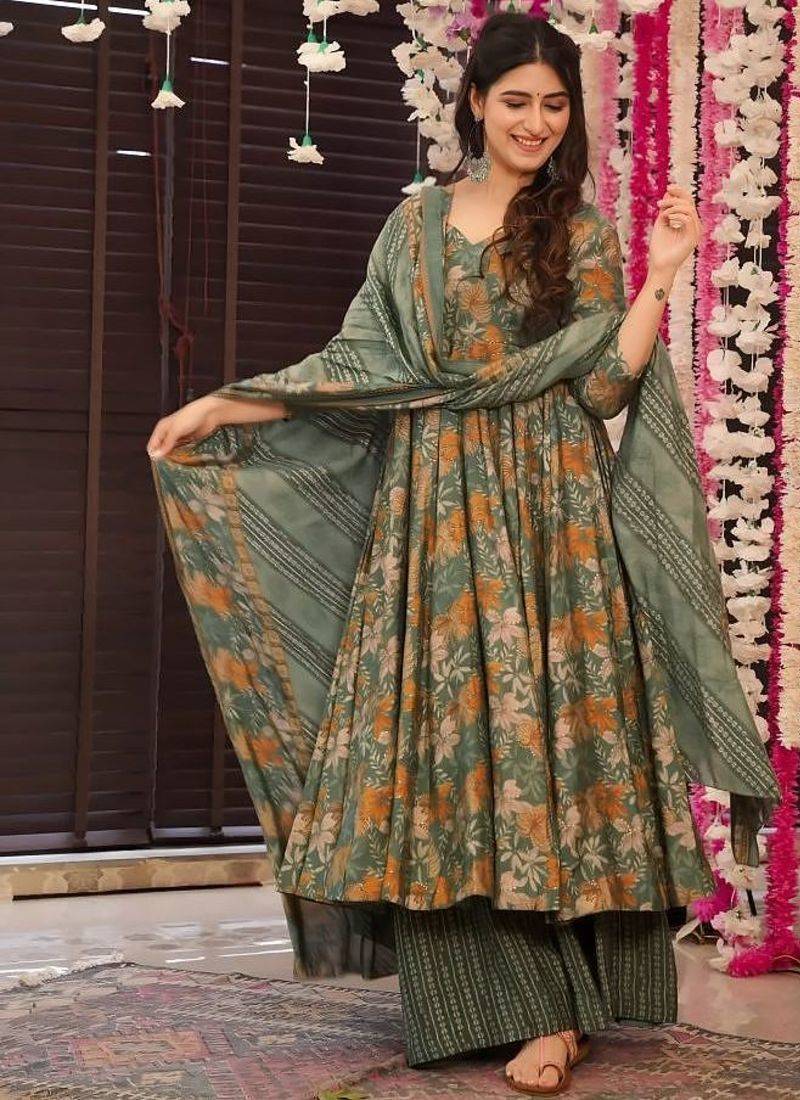 Floral printed muslin v neck anarkali set for women