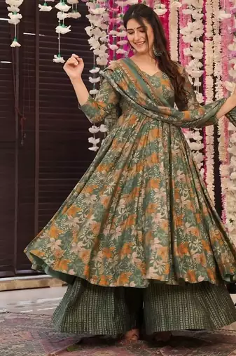 Floral printed muslin v neck anarkali set for women