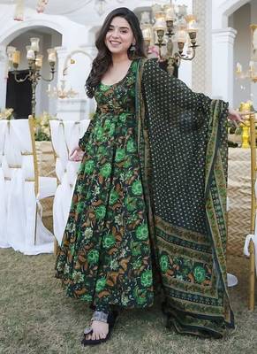 Floral printed muslin v neck anarkali set for women 1