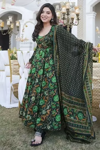 Floral printed muslin v neck anarkali set for women