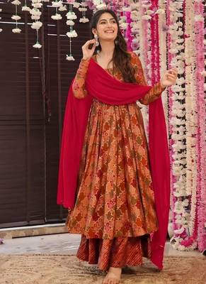 Floral printed muslin v neck anarkali set for women 1