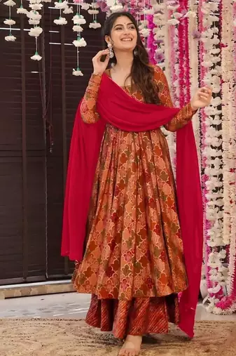 Floral printed muslin v neck anarkali set for women