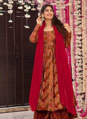 Floral printed muslin v neck anarkali set for women 2