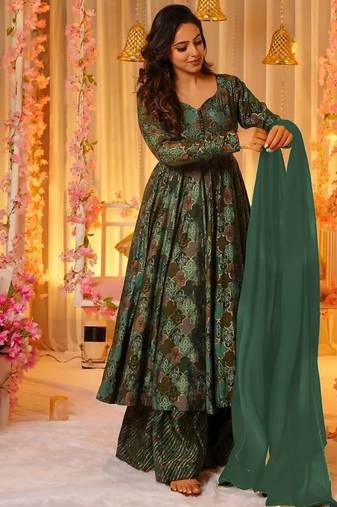 Floral printed muslin v neck anarkali set for women
