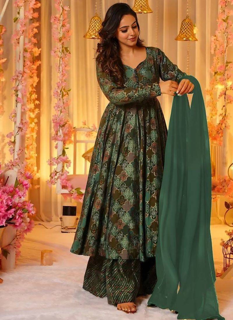 Floral printed muslin v neck anarkali set for women