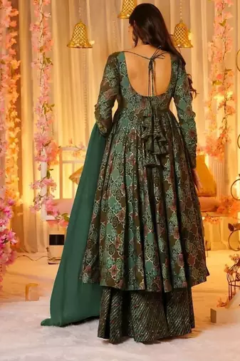 Floral printed muslin v neck anarkali set for women