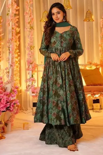 Floral printed muslin v neck anarkali set for women