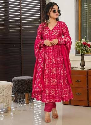 Floral printed muslin v neck anarkali set for women 1