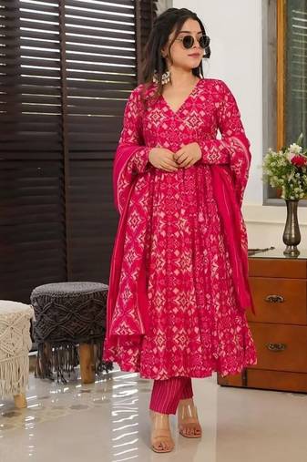 Floral printed muslin v neck anarkali set for women