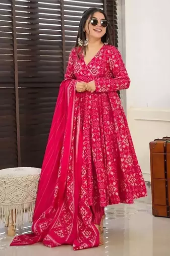Floral printed muslin v neck anarkali set for women