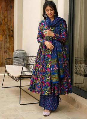 Floral printed muslin v neck anarkali set for women 1