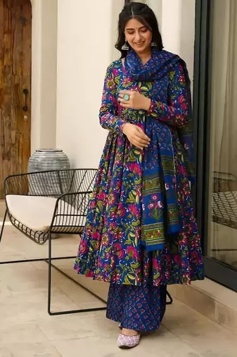 Floral printed muslin v neck anarkali set for women