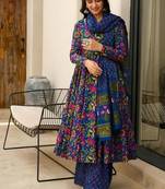 Floral printed muslin v neck anarkali set for women