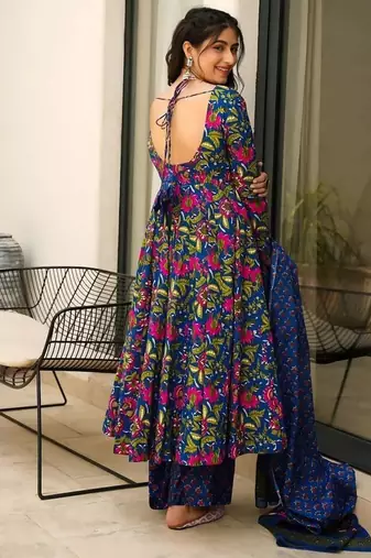 Floral printed muslin v neck anarkali set for women
