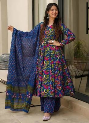 Floral printed muslin v neck anarkali set for women 3