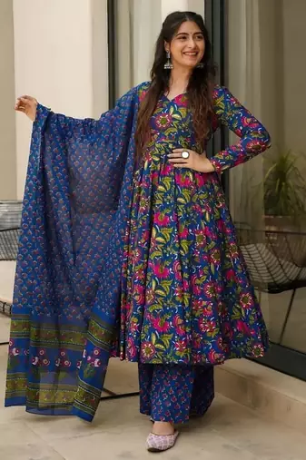 Floral printed muslin v neck anarkali set for women