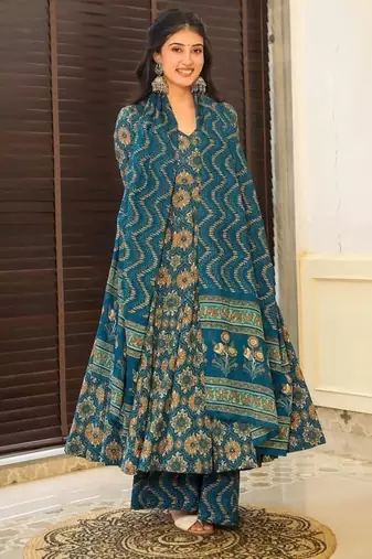 Floral printed muslin v neck anarkali set for women