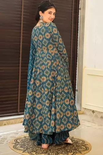 Floral printed muslin v neck anarkali set for women
