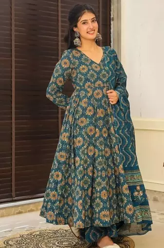 Floral printed muslin v neck anarkali set for women