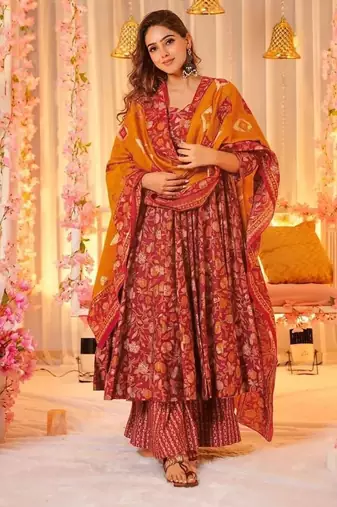 Floral printed muslin v neck anarkali set for women