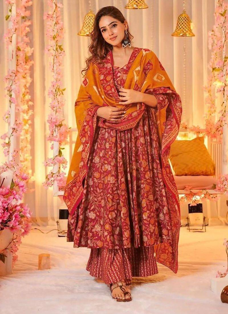 Floral printed muslin v neck anarkali set for women