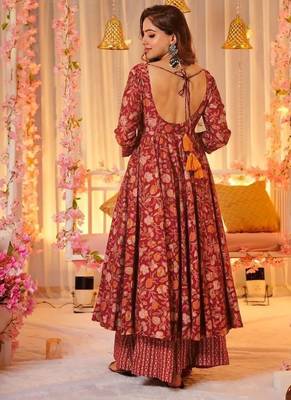 Floral printed muslin v neck anarkali set for women 2