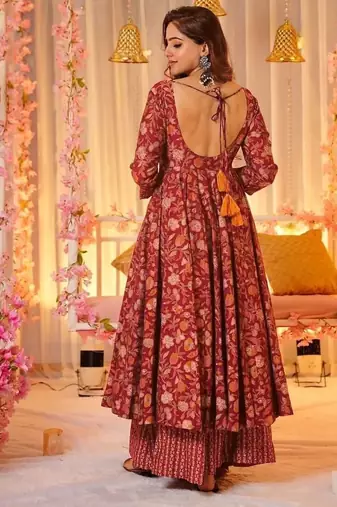 Floral printed muslin v neck anarkali set for women