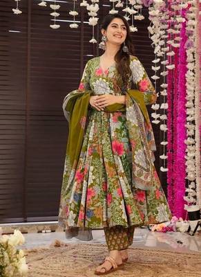 Floral printed muslin v neck anarkali set for women 1