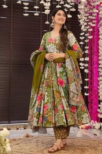 Floral printed muslin v neck anarkali set for women
