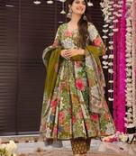 Floral printed muslin v neck anarkali set for women