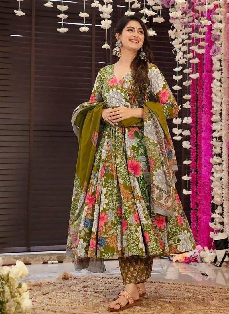 Floral printed muslin v neck anarkali set for women