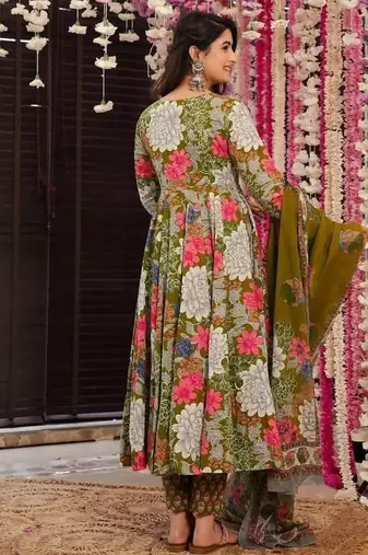 Floral printed muslin v neck anarkali set for women