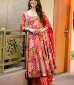 Floral printed muslin square neck anarkali set for women