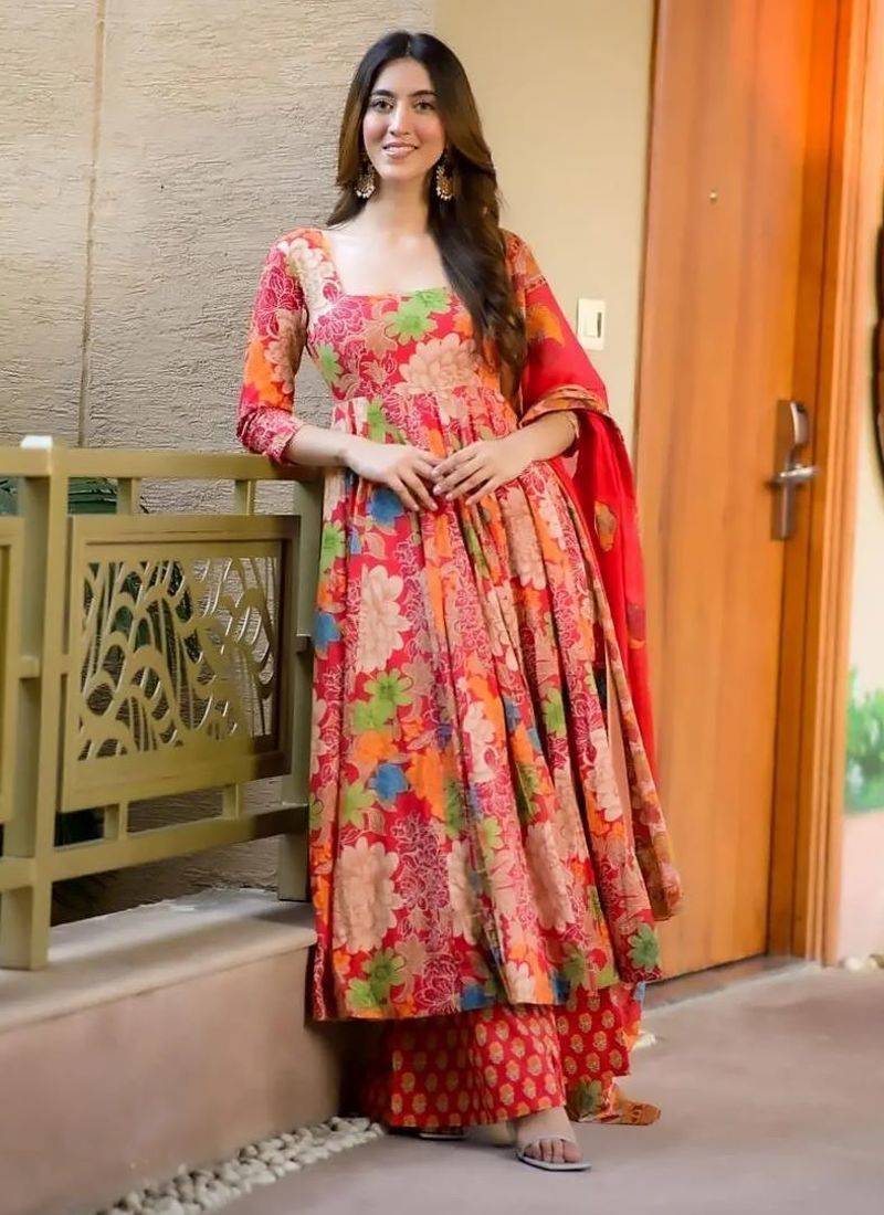 Floral printed muslin square neck anarkali set for women