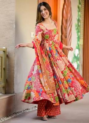 Floral printed muslin square neck anarkali set for women 2