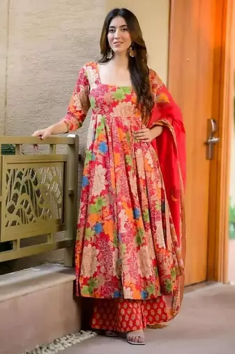 Floral printed muslin square neck anarkali set for women