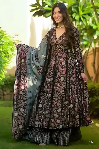 Floral printed muslin v neck anarkali set for women