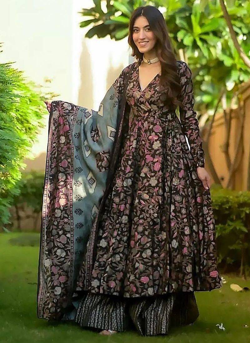 Floral printed muslin v neck anarkali set for women