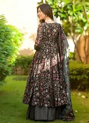 Floral printed muslin v neck anarkali set for women 2