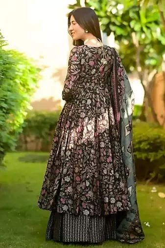 Floral printed muslin v neck anarkali set for women