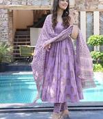Floral printed muslin round neck anarkali set for women
